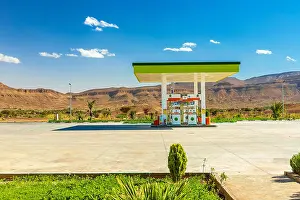 Morocco Prints: Green Gas Station in arid areas