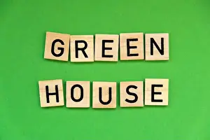 Green House Prints: Green house text on wooden blocks on green background