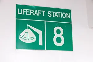 Passenger Prints: Green Liferaft Station Number 8 Emergency Safety Sign on Cruise Ship Wall