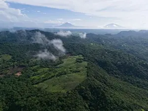 Green natural aerial landscape of Nicaragua with Ometepe volcano on back