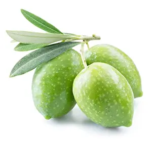 Olive Oil Prints: Green natural olives with leaves isolated on a white background