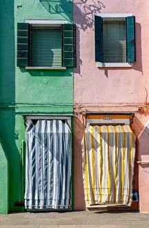 Northern Italy Prints: Green and pink house facade with entrance doors and windows