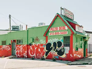 Maryland Prints: Green pizza shop covered in graffiti, in Baltimore, Maryland