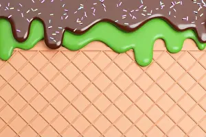 Gelato Prints: Green tea and Chocolate Ice Cream Melted on Wafer Background.3d model and illustration