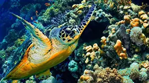 Wildlife Observation Prints: Green Turtle, Chelonia mydas, Coral Reef, Red Sea, Egypt, Africa