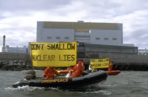 Inflatable Prints: Greenpeace action against the dangers of Nuclear power generation at the Torness nuclear facility in Scotland