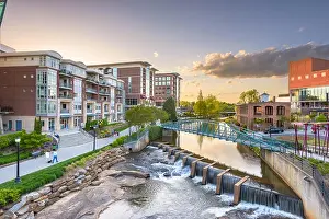 Reedy River Prints: Greenville, South Carolina, USA downtown cityscape at dusk