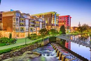 Greenville, South Carolina, USA downtown cityscape at dusk