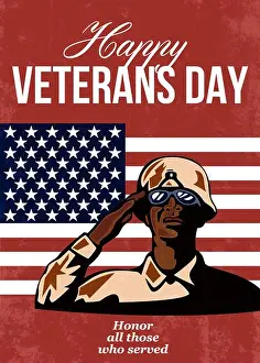 Saluting Prints: Greeting card poster showing illustration of an African American soldier serviceman saluting with stars