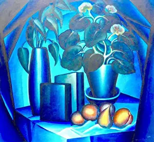 Favorite Prints: Gregor Perušek artwork - Still Life - Flower vase and houseplant together with various fruits in blue setting