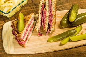 Dressing Prints: Grilled reuben sandwich with dill pickle spears