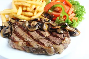 Mushrooms Prints: A grilled ribeye steak served with mushrooms