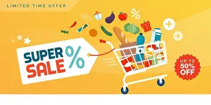 E Commerce Prints: Grocery shopping promotional sale advertisement: fast shopping cart full of fresh colorful food