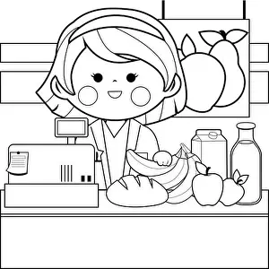Checkout Prints: Grocery store employee at the counter. Black and white coloring page