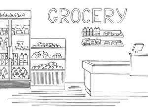 Checkout Prints: Grocery store shop interior black white graphic sketch illustration vector