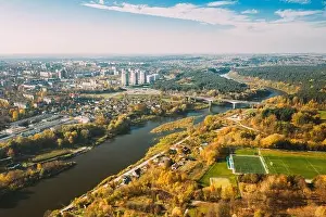 Grodno, Belarus. Aerial Bird's-eye View Of Hrodna Cityscape Skyline. Residential District In Sunny Autumn Day
