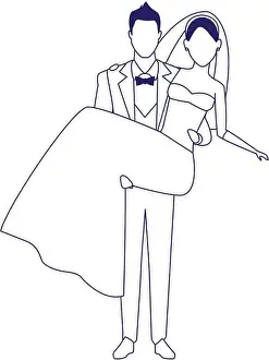 Honeymoon Prints: groom carrying bride icon, flat design