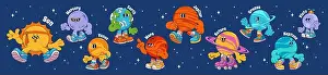 Mercury Prints: Groovy universe cartoon planets collection with cute characters on starry sky background
