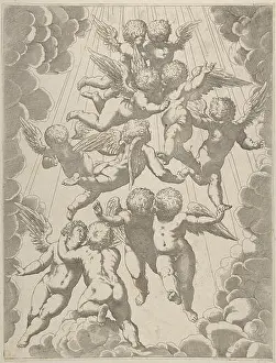 Heavenly Prints: A group of angels embracing in flight, framed by clouds, after Reni MET DP839087