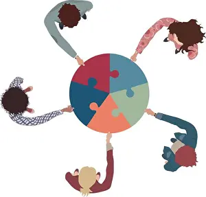 Colleague Prints: Group of business men and women top view holding and joining jigsaw puzzle pieces