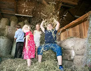 Group Of Prints: Group of children in stable playing with hay