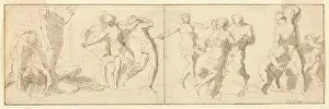 Laid Paper Prints: A group of five dancers and a maenad who interrupted the dance is flanked by two maenads caring for a vomiting satyr