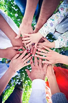 Sneakers Prints: Group of friends with their hands in a complete circle. Friendship concept