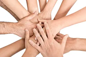 Handshake Prints: Group of hands holding together on white background