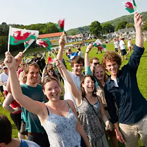 National Identity Prints: a group of happy laughing young people waving welsh banners flags, wales