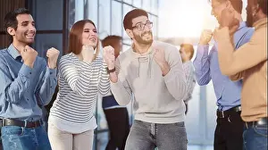 Coworker Prints: Group of happy managers rejoice at a successful deal by clenching their hands into fists and raising them up