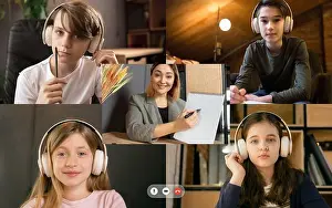 Tutor Prints: Group of kids, class studying by group video call