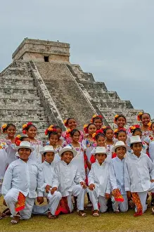 Mexican Prints: A group of Mayan children (dance group) visiting the Chichen Itza Archaeological Zone (UNESCO World Heritage Site)