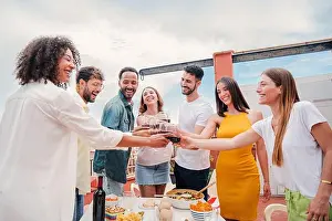 Tasting Prints: Group of multiracial adult friends smiling and clinking glasses of wine on a rooftop dinner party