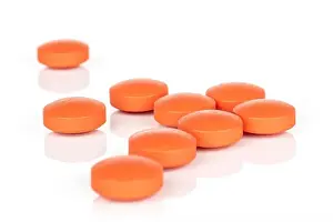 Medicament Prints: Group of nine whole orange tablet pharmacy isolated on white background