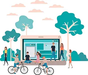 group of people with laptop computer avatar character