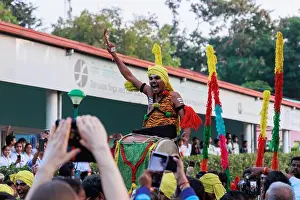 Drum Prints: Group performing Dollu Kunitha as part of the inauguration rally of World Cup of Yogasana Sports 2022 at S-VYASA