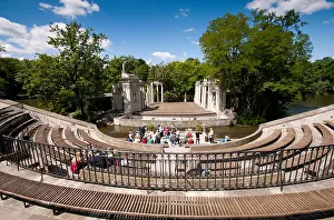 Baths Prints: Group of tourists in Amphitheatre in Royal Baths Park in Warsaw