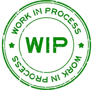 Inventory Prints: Grunge green WIP work in process word round rubber seal stamp on white background