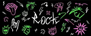 Punk Prints: Grunge rock set of green and pink doodle elements