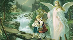 Protecting Prints: Guardian angel leading children across a bridge, print, around 1900