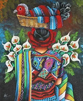 Guatemala Prints: Guatemala Oil Painting Showing Mayan Woman Carrying Basket With Turkey On Her Head