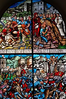 Umbria Prints: Gubbio Umbria Italy Stained glass window in the Basilica of Sant Ubaldo depicting events in the life of Sant Ubaldo