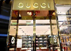 Logo Sign Prints: Gucci brand Leather store newly opened seen at the Quest Mall in Kolkata