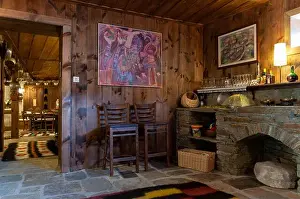 Fireplace Prints: Guest house lounge area interior of old unique 19th century traditional Bulgarian timber house as heritage building