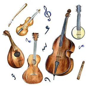 Stringed Instrument Prints: Guitar, violin, contrabass and banjo