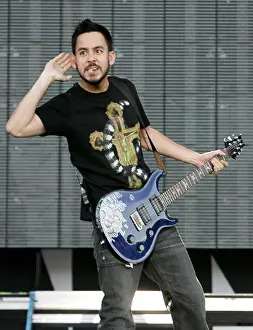 Guitarist and singer of US band Linkin Park Mike Shinoda performs at the start of their tour at Reitstadium