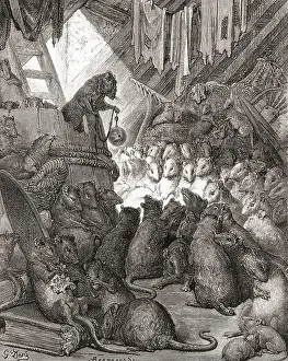 Anthropomorphic Prints: Gustave Doré's illustration of La Fontaine's fable The Mice in Council (Conseil tenu par les rats)