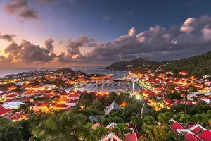Gustavia, Saint Barthelemy skyline and harbor in the West Indies of the Caribbean at dusk
