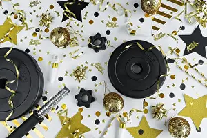 Dumbbell Prints: Gym dumbbell weight plates, golden decorations