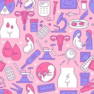 Hormone Prints: Gynecology and obstetrics seamless pattern in colored line style. Vector illustration